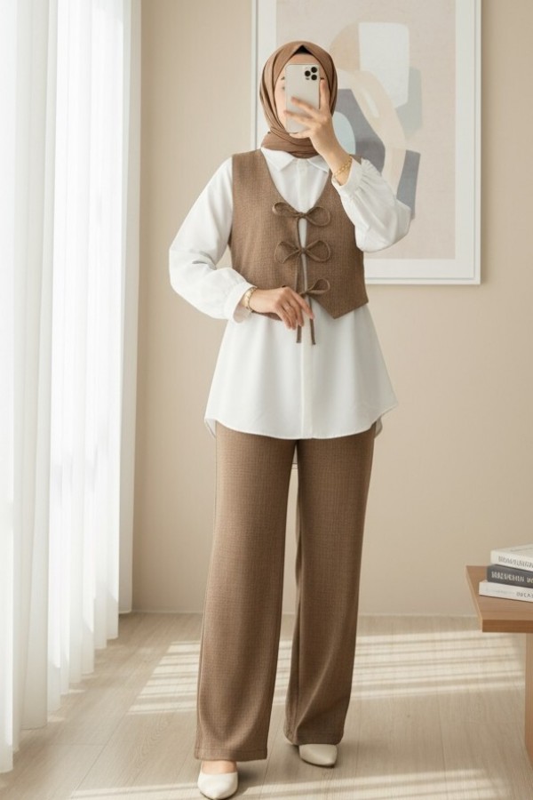 Front Tie Vest Trousers Two Piece Set   -Brown