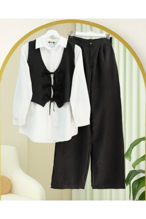 Önü Bağlamalı Yelek Pantolon İkili Takım   -Siyah