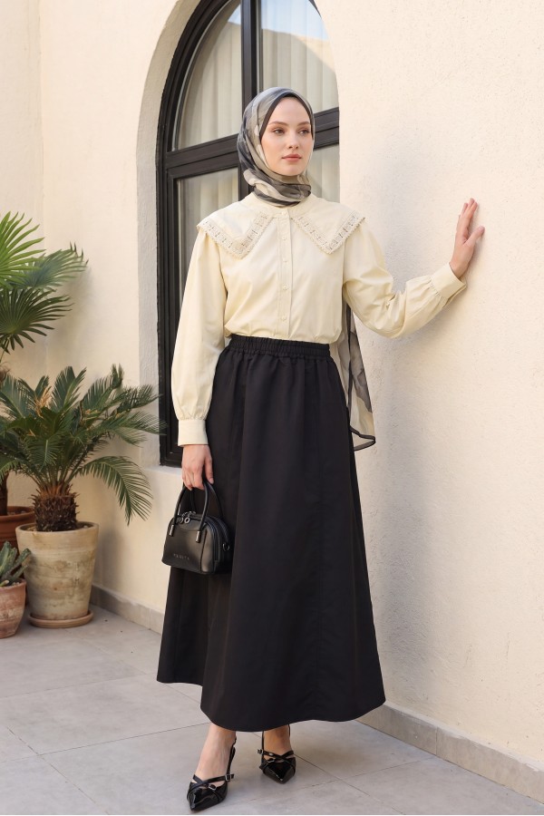 Elastic Waist Parachute Skirt with Pockets -Black