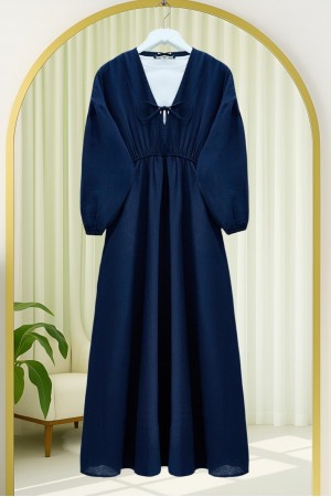 Yakası Bağlamalı Kolu Ve Beli Lastikli Müslin Elbise    -Laci