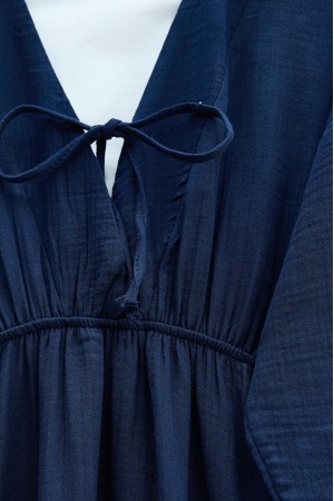 Yakası Bağlamalı Kolu Ve Beli Lastikli Müslin Elbise    -Laci