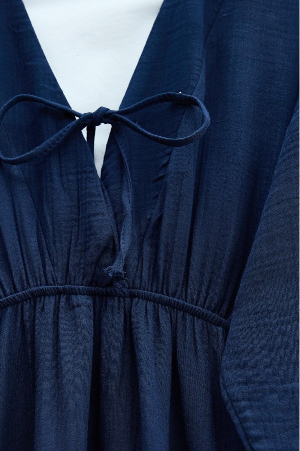 Muslin Dress with Elasticated Waist and Sleeves, Tied Collar    -Navy blue