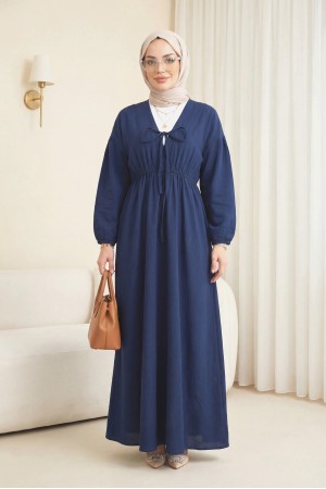 Yakası Bağlamalı Kolu Ve Beli Lastikli Müslin Elbise    -Laci
