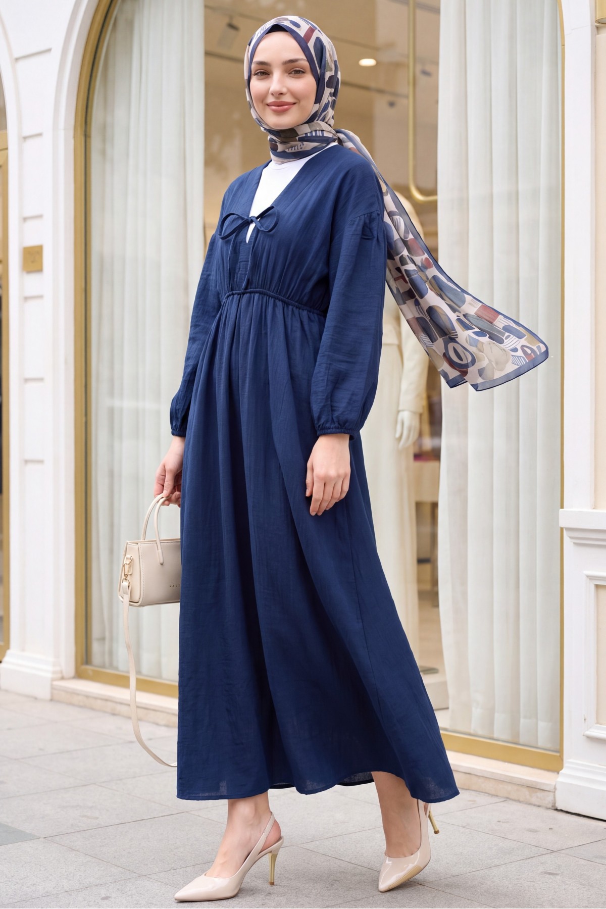Muslin Dress with Elasticated Waist and Sleeves, Tied Collar    -Navy blue