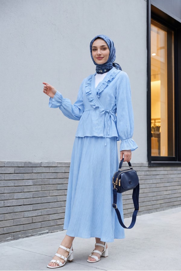 Yakası Fırfırlı Önü Bağlamalı Etekli Kimono Takım  -Bebe Mavi