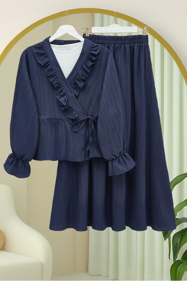 Yakası Fırfırlı Önü Bağlamalı Etekli Kimono Takım  -Laci