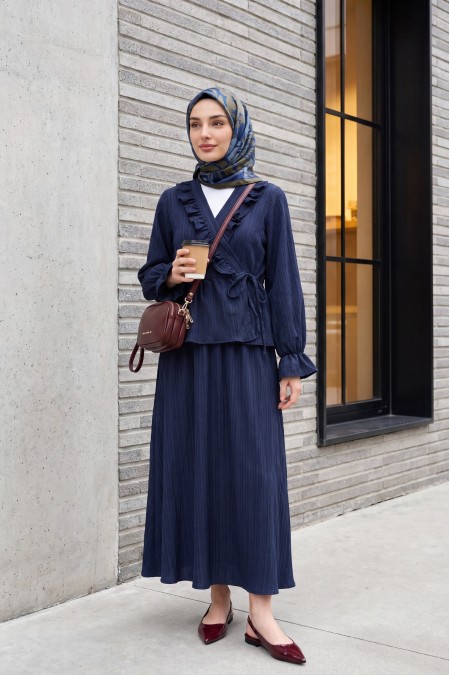 Yakası Fırfırlı Önü Bağlamalı Etekli Kimono Takım  -Laci