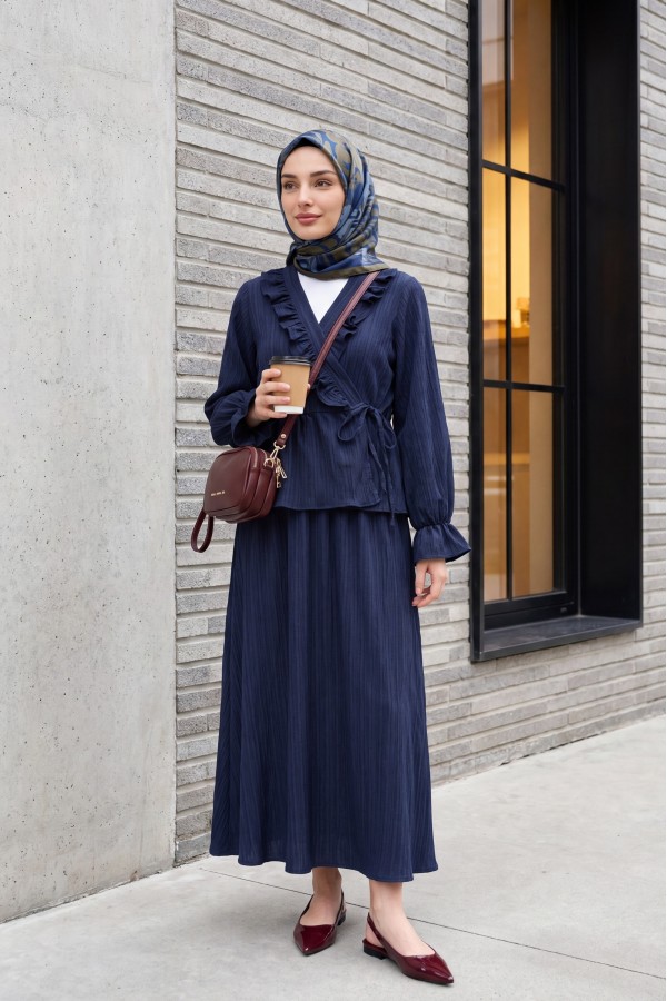 Kimono Suit with Ruffled Collar and Tied Front Skirt -Navy blue
