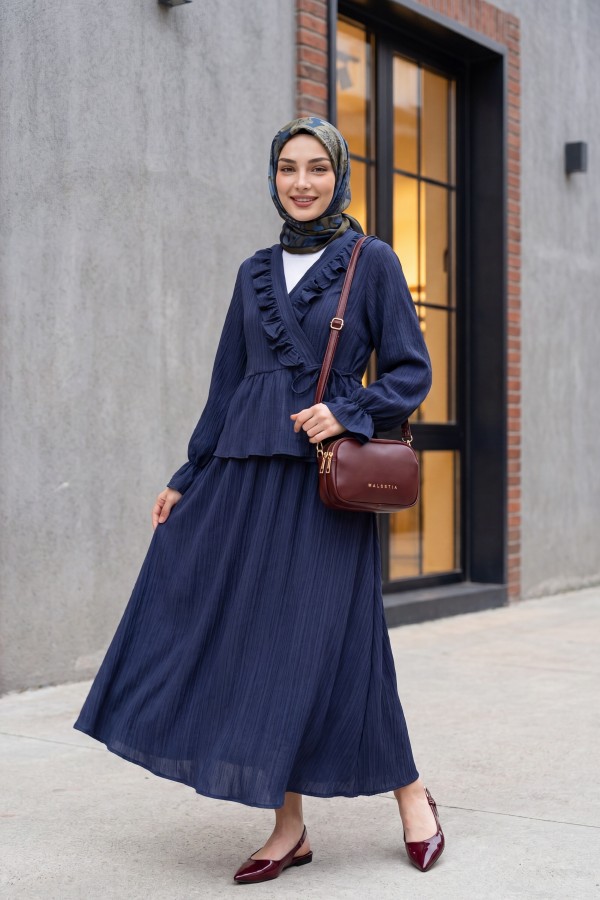 Kimono Suit with Ruffled Collar and Tied Front Skirt -Navy blue