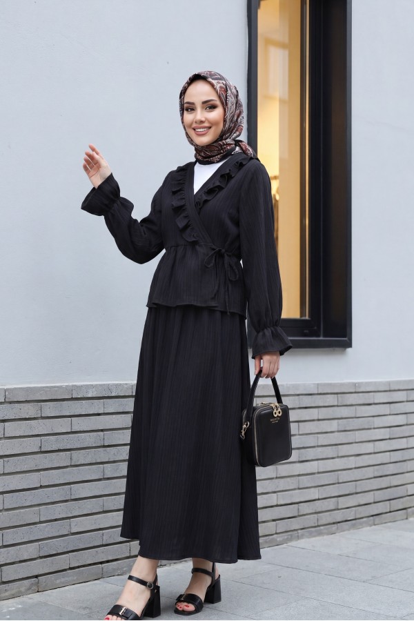 Kimono Suit with Ruffled Collar and Tied Front Skirt -Black