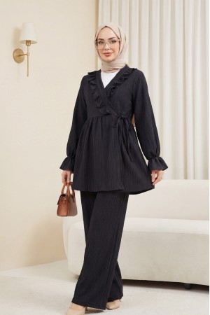 Elastic Sleeves, Ruffle Front, Laced Crinkle Kimono Set -Black