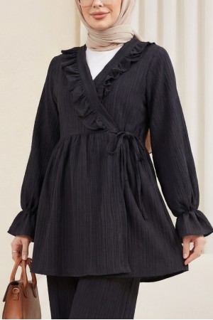 Elastic Sleeves, Ruffle Front, Laced Crinkle Kimono Set -Black