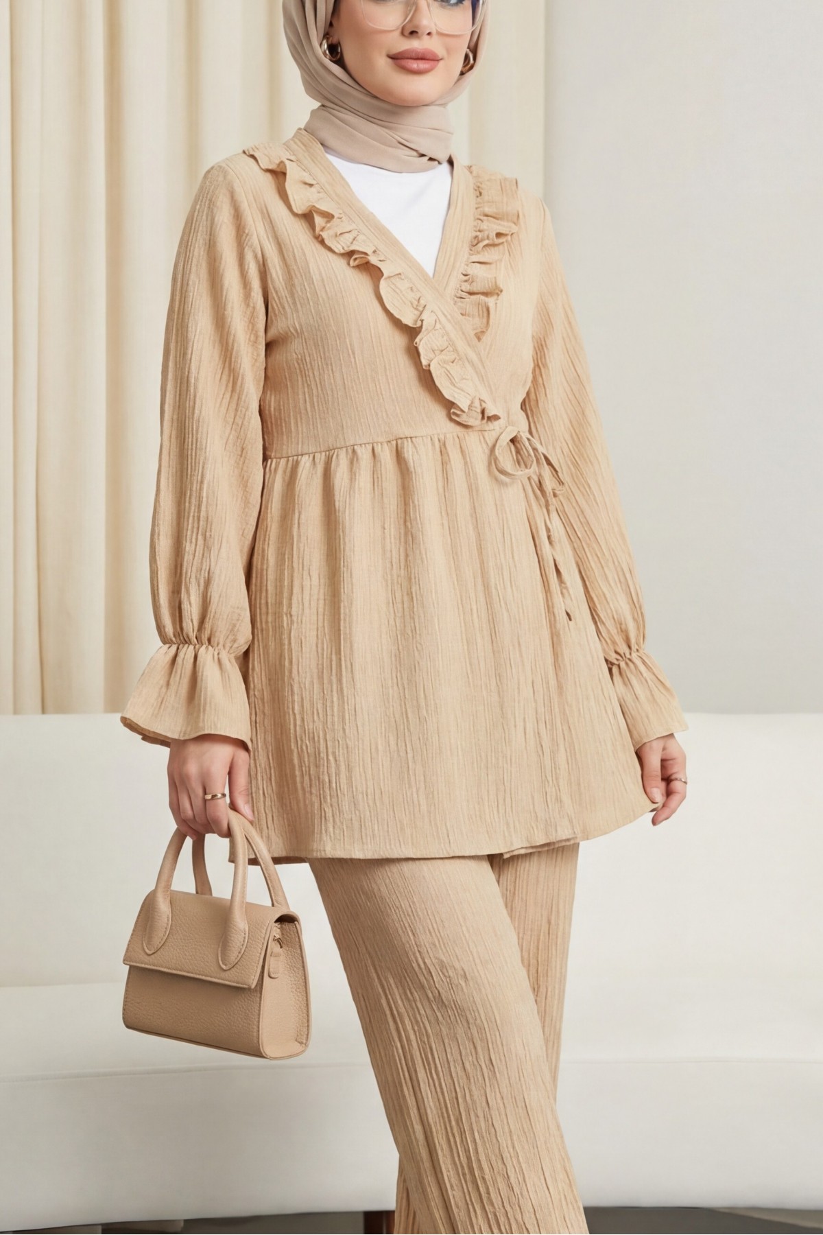 Elastic Sleeves, Ruffle Front, Laced Crinkle Kimono Set -Mink color