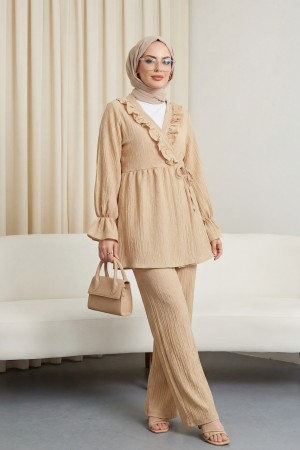 Elastic Sleeves, Ruffle Front, Laced Crinkle Kimono Set -Mink color