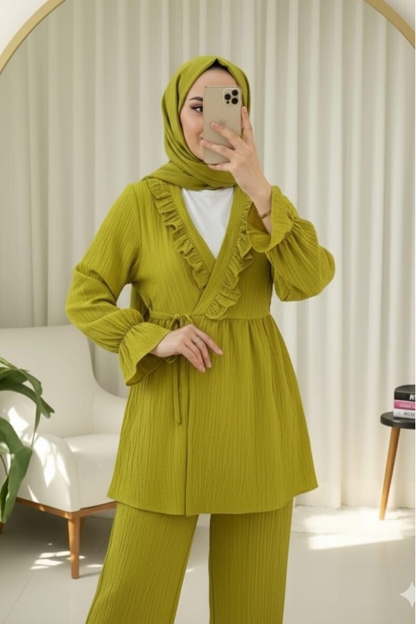 Kolu Lastikli Önü Fırfırlı Bağcıklı Krinkıl Kimono Takım -Yağ Yeşili