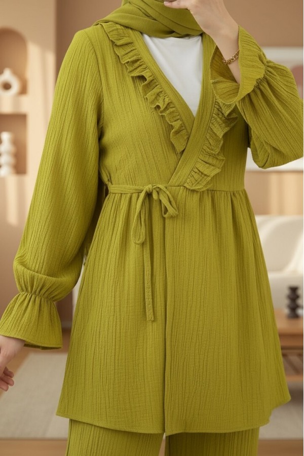 Kolu Lastikli Önü Fırfırlı Bağcıklı Krinkıl Kimono Takım -Yağ Yeşili