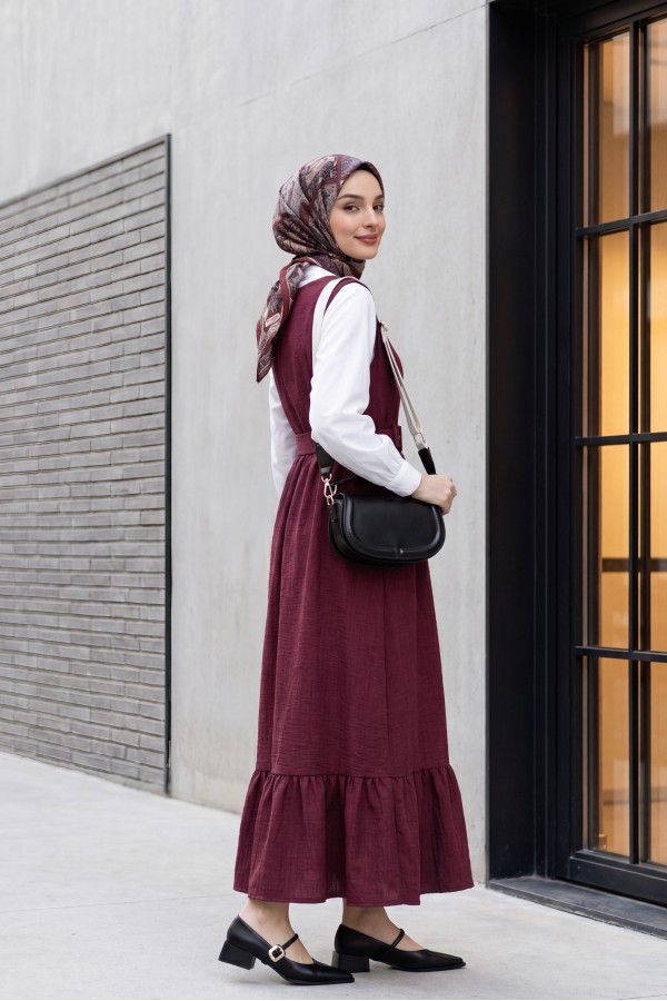 Top Düğmeli Altı Fırfırlı Beli Kemerli  Jile Elbise -Bordo