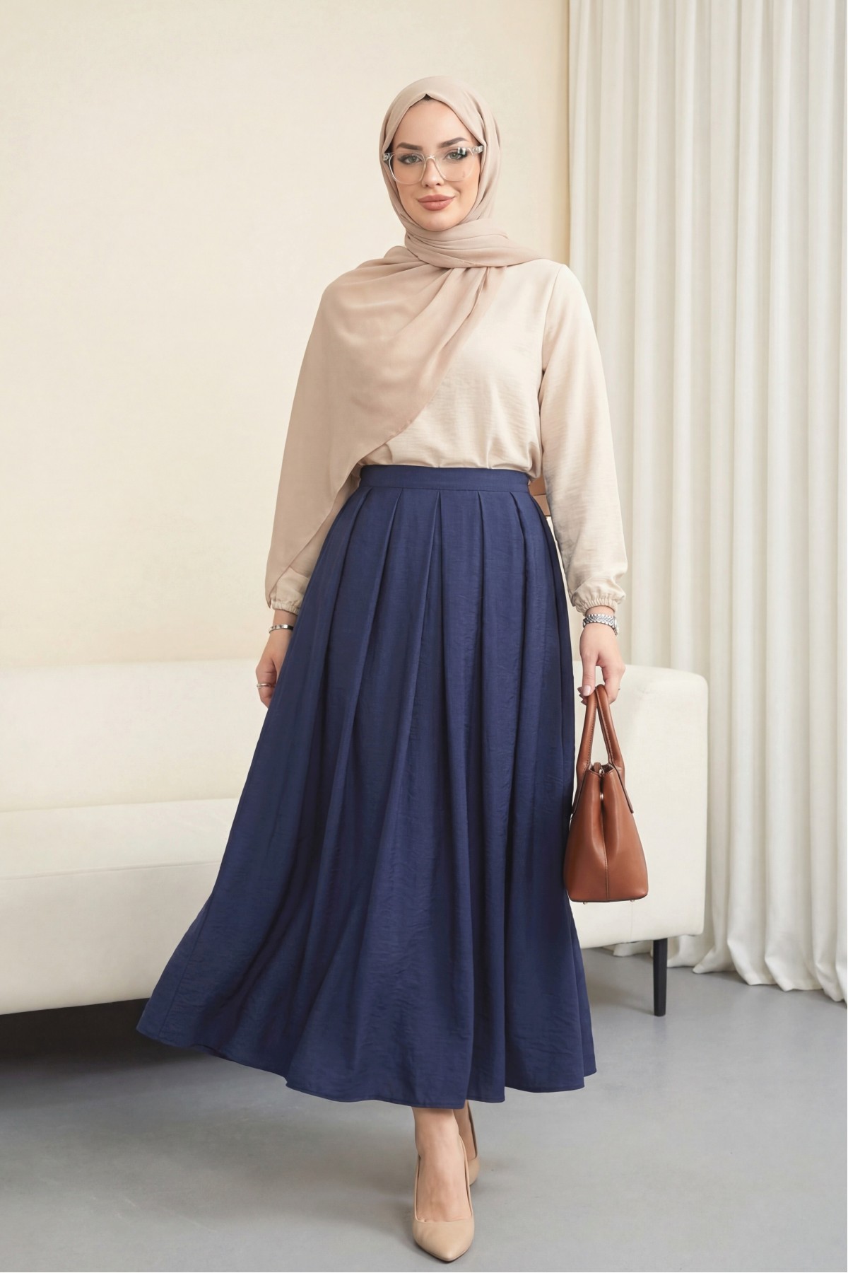 Pleated Parachute Skirt with Elastic Waistband   -Navy blue