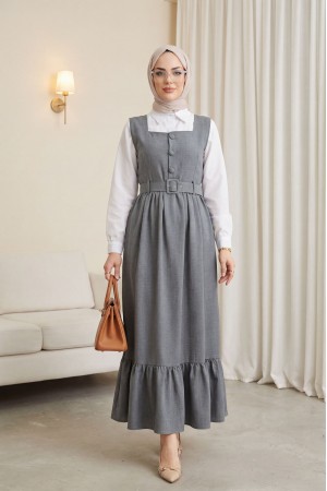 Top Düğmeli Altı Fırfırlı Beli Kemerli  Jile Elbise  -Füme