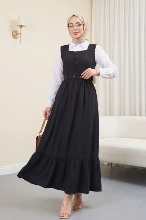 Top Düğmeli Altı Fırfırlı Beli Kemerli  Jile Elbise  -Siyah