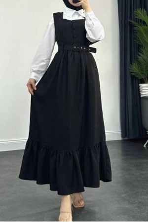 Top Düğmeli Altı Fırfırlı Beli Kemerli  Jile Elbise  -Siyah