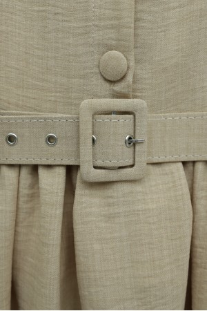 Button Up Dress with Ruffled Waist Belt   -Mink color