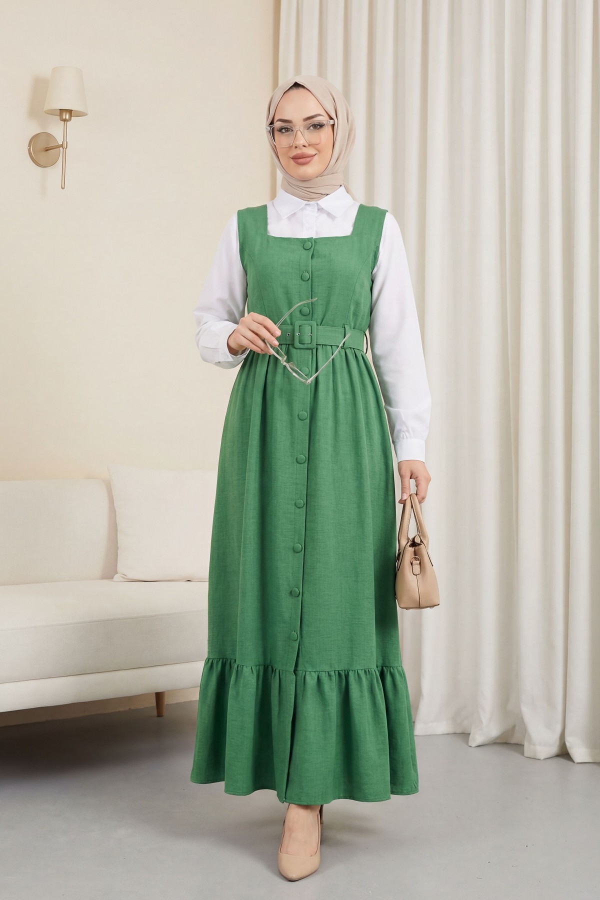 Button Up Dress with Ruffled Waist Belt   -Green detay görseli