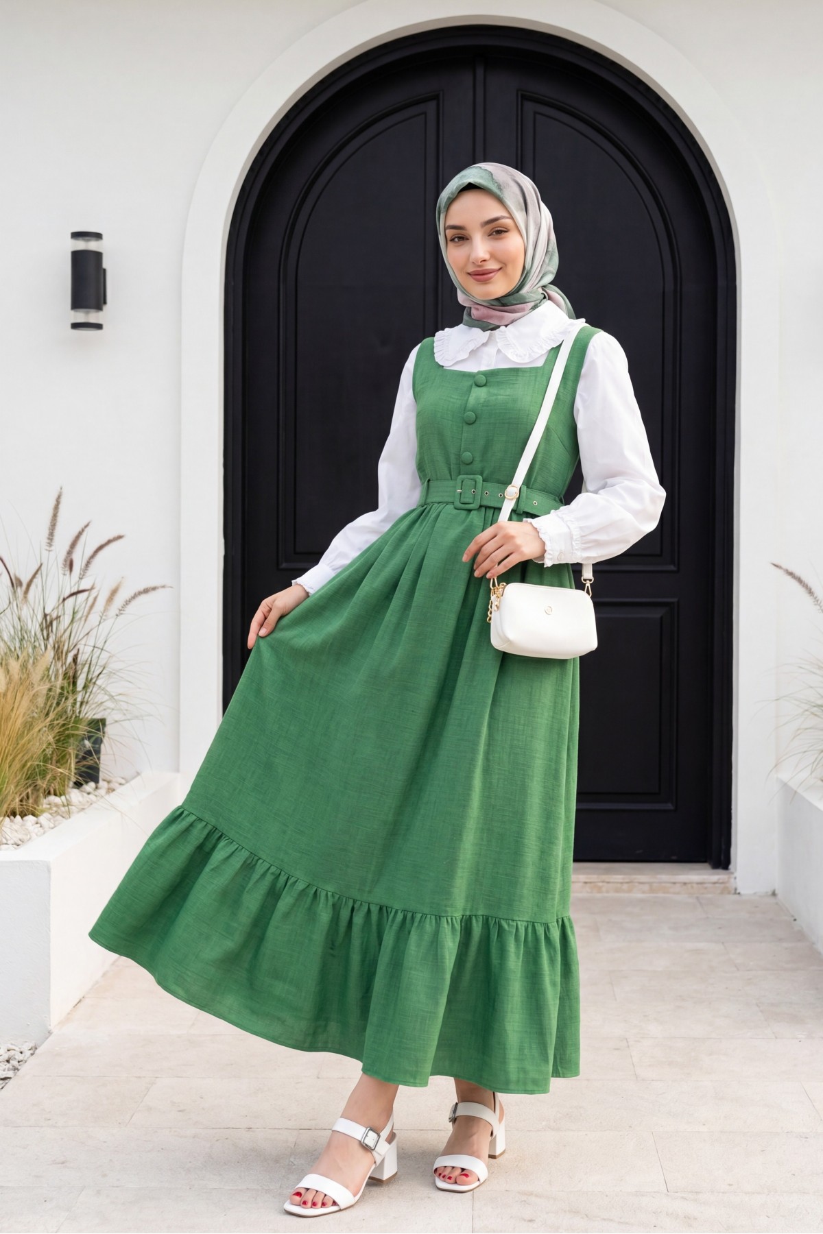Button Up Dress with Ruffled Waist Belt   -Green