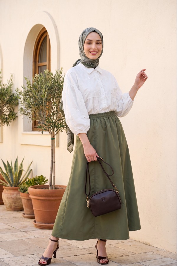 Elastic Waist Parachute Skirt with Pockets  -Khaki