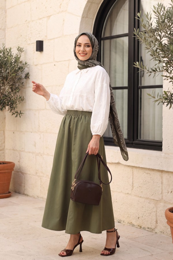 Elastic Waist Parachute Skirt with Pockets  -Khaki