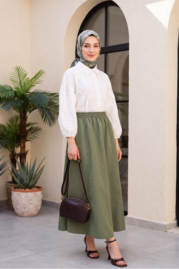 Elastic Waist Parachute Skirt with Pockets  -Khaki