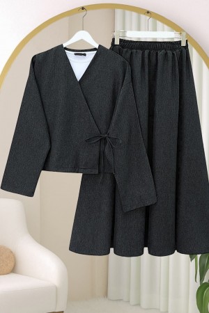 Önü Bağcıklı Etekli Yün Efekt Kışlık -Antrasit