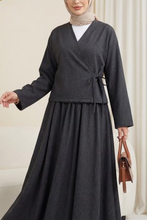 Önü Bağcıklı Etekli Yün Efekt Kışlık -Antrasit