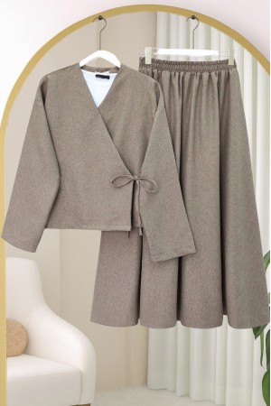 Önü Bağcıklı Yün Efekt Kışlık Takım -Toprak