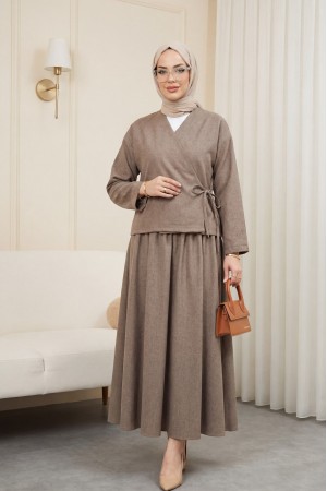 Önü Bağcıklı Yün Efekt Kışlık Takım -Toprak