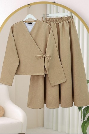 Linen Suit with Lace-Up Skirt -Mink color