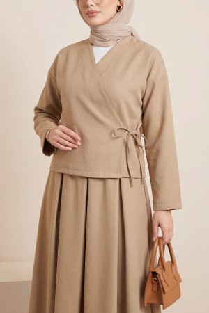 Linen Suit with Lace-Up Skirt -Mink color