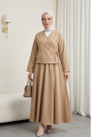 Linen Suit with Lace-Up Skirt -Mink color