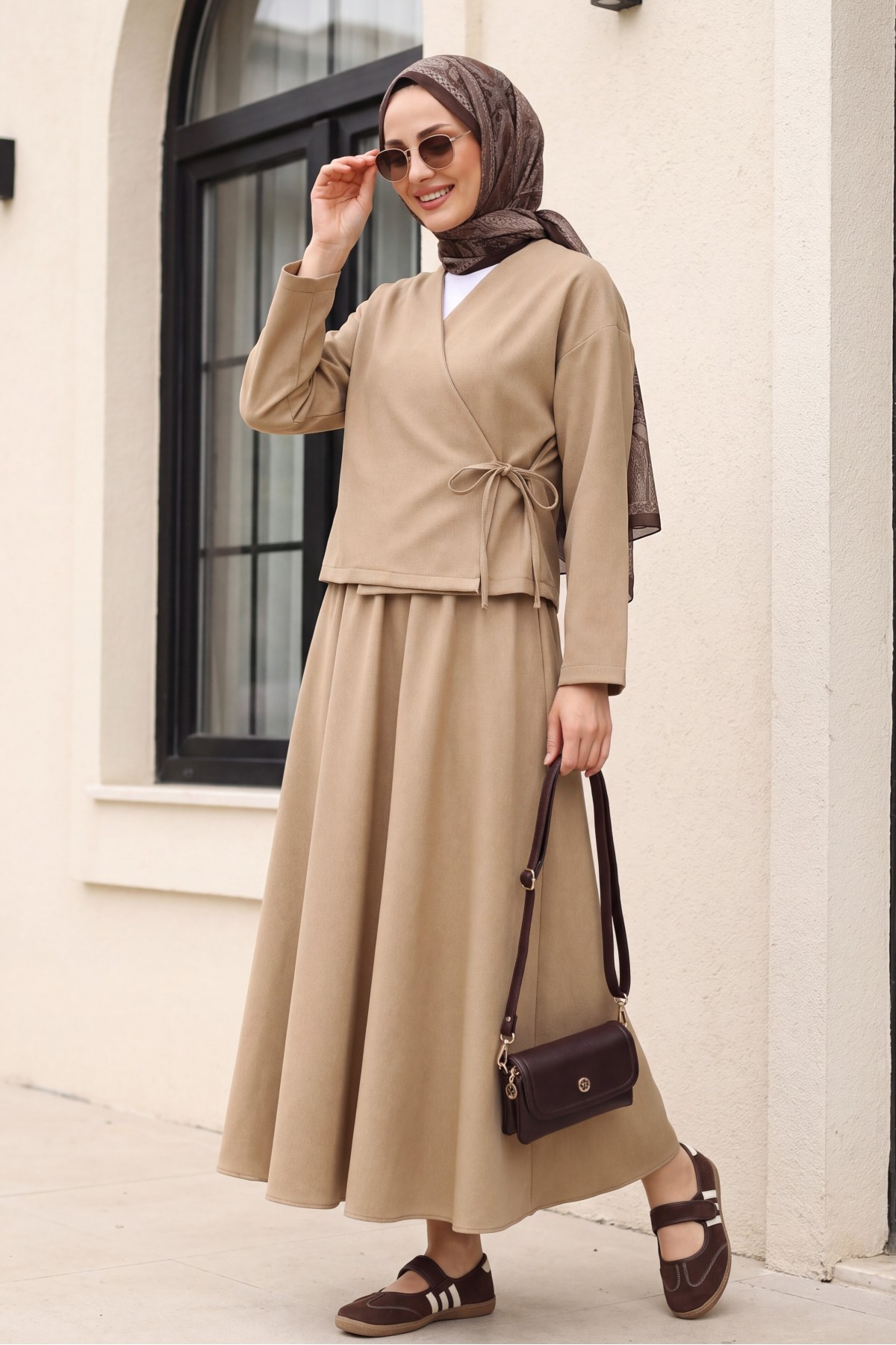 Linen Suit with Lace-Up Skirt -Mink color