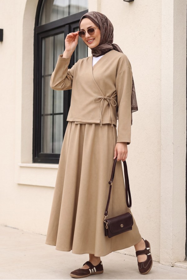 Linen Suit with Lace-Up Skirt -Mink color