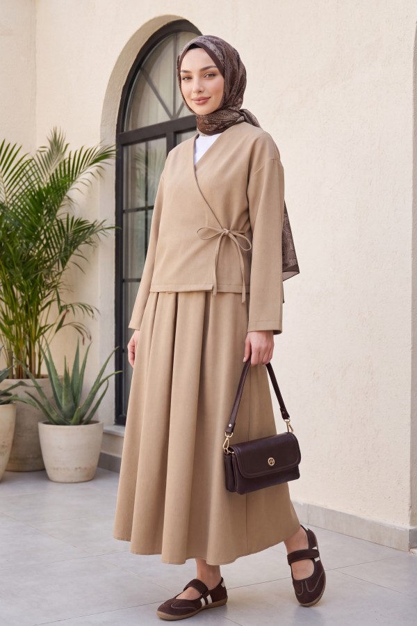 Linen Suit with Lace-Up Skirt -Mink color