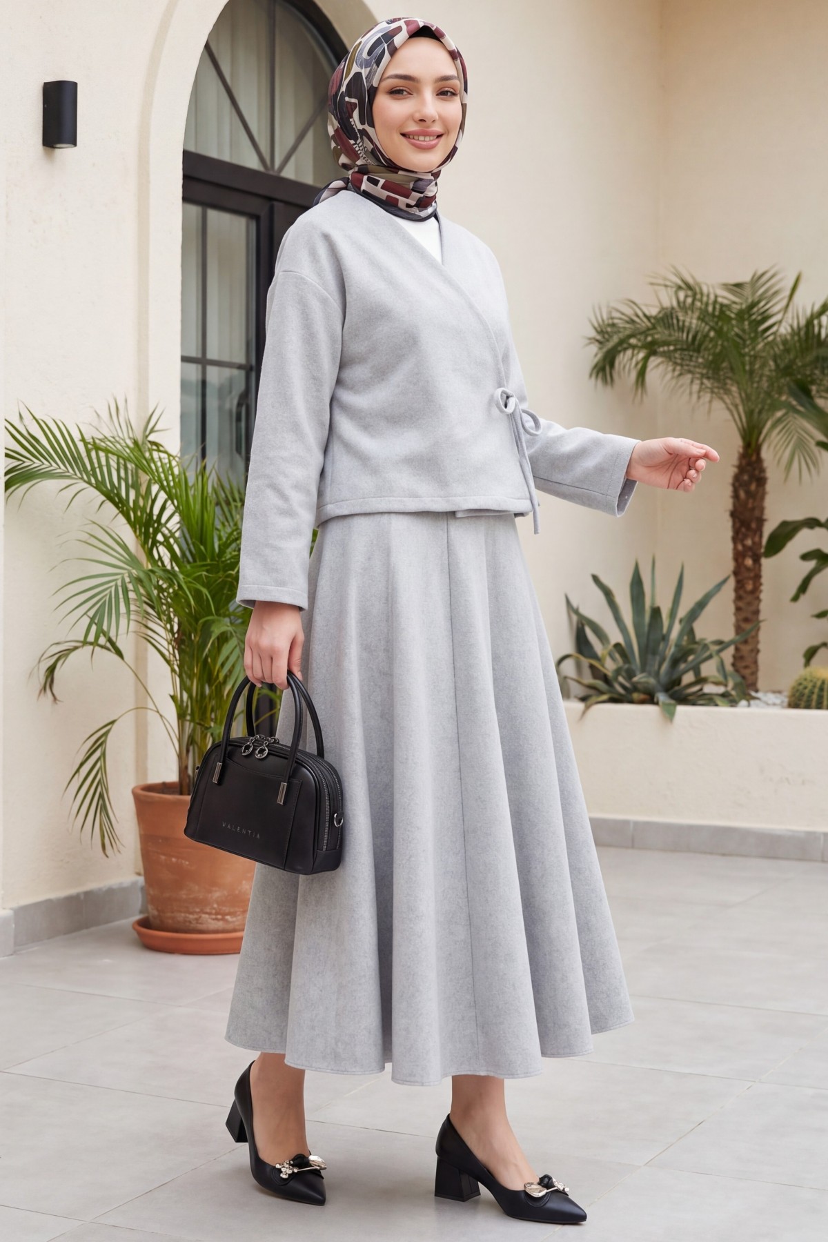 Tied Front Skirted Cashmere Kimono Set -Grey