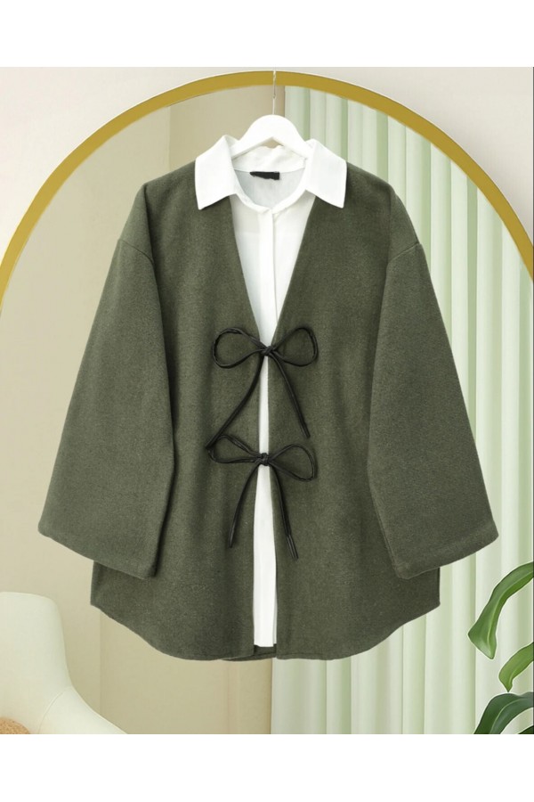 Önü Bağcıklı Oval Kesim Kaşe Kimono     -Haki