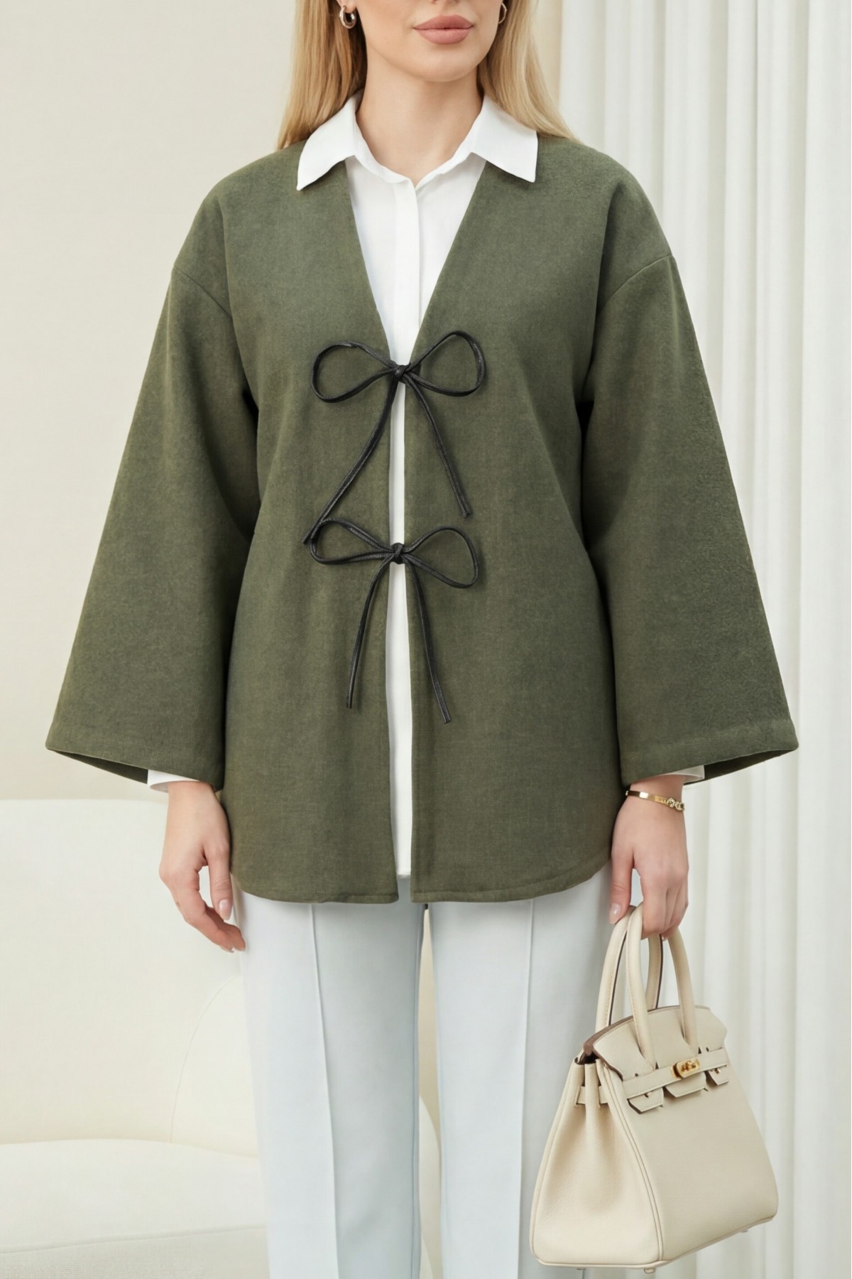Önü Bağcıklı Oval Kesim Kaşe Kimono     -Haki