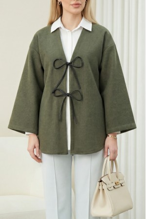 Önü Bağcıklı Oval Kesim Kaşe Kimono     -Haki
