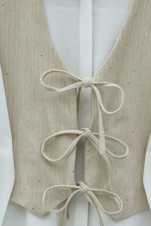Tie-Front Vest and Trouser Velvet Set - Beige