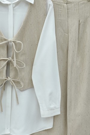 Tie-Front Vest and Trouser Velvet Set - Beige