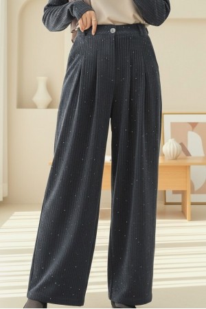 Cepli Bol Paça Pul Detaylı Kadife Pantolon  -Antrasit