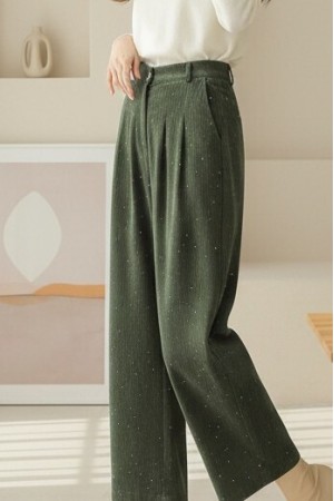 بنطلون مخملي واسع الساق مع جيوب وتفاصيل ترتر -خاكي