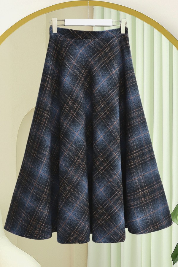 Plaid Patterned Side Zipper Cashmere A-Line Skirt -Navy blue